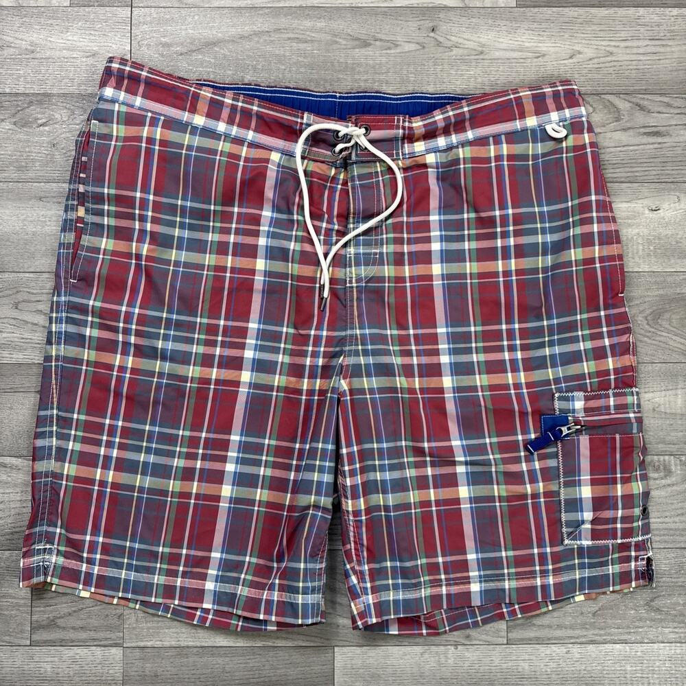 Lands End Swim Trunks Shorts Red Plaid Pattern sz XL 40-42